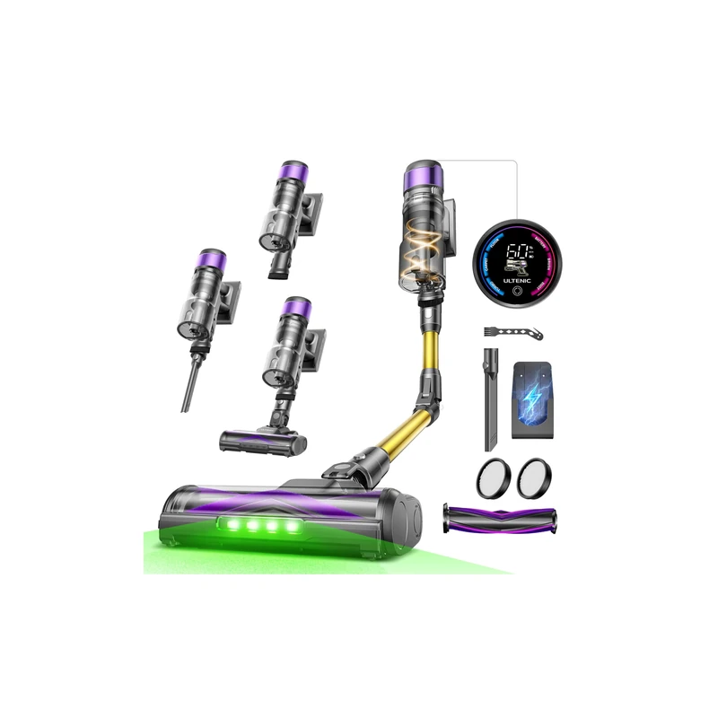 Ultenic Cordless Vacuum Cleaner, 55KPa Powerful Suction Hoover for Home Pet Hair, 60Mins Long Runtime Stick Vacuum with Upgraded Anti-Tangle Brush & GreenEye Headlight, Foldable Tube, Self-Standing