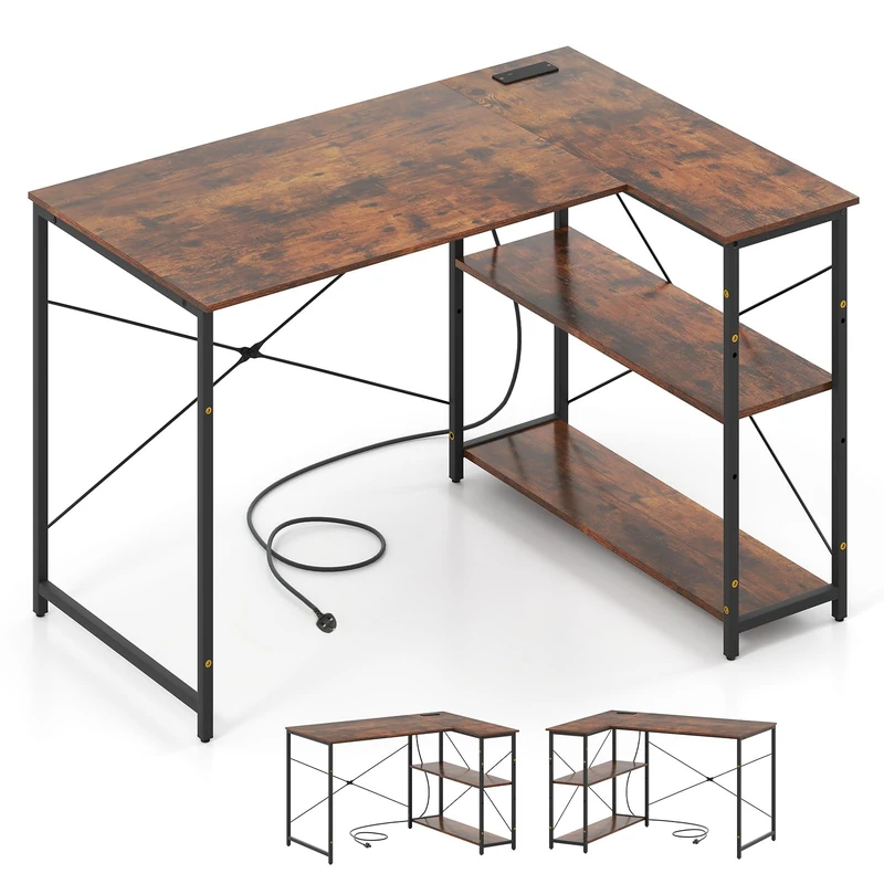 SFAREST Corner Computer Desk, L-Shaped Study Work Writing Table with Reversible Adjustable Storage Shelves, Large Gaming Desk for Office Living Room Bedroom (Rustic Brown + Black)