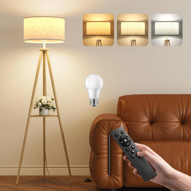 Tripod Floor Lamp with Storage Shelves - 12W Solid Wooden Standing Lamp with E27 Bulb & Remote Control, Corner Lights for Living Room, Bedroom, Light Brown - Triangular Shelf - Image 1