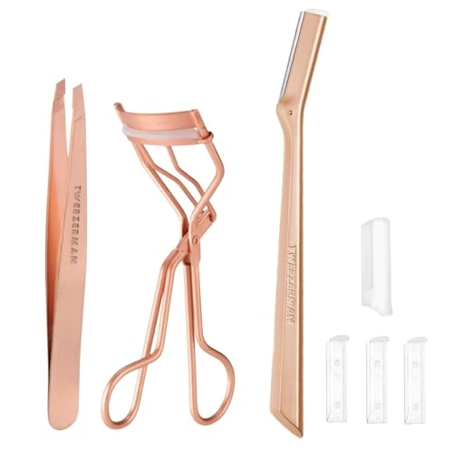 Tweezerman Rose Gold Slant Tweezer & Rose Gold Dermaplaning Razor Facial Razor with 3 Spare Blades Included & Eyelash Curler (Pack of 3)