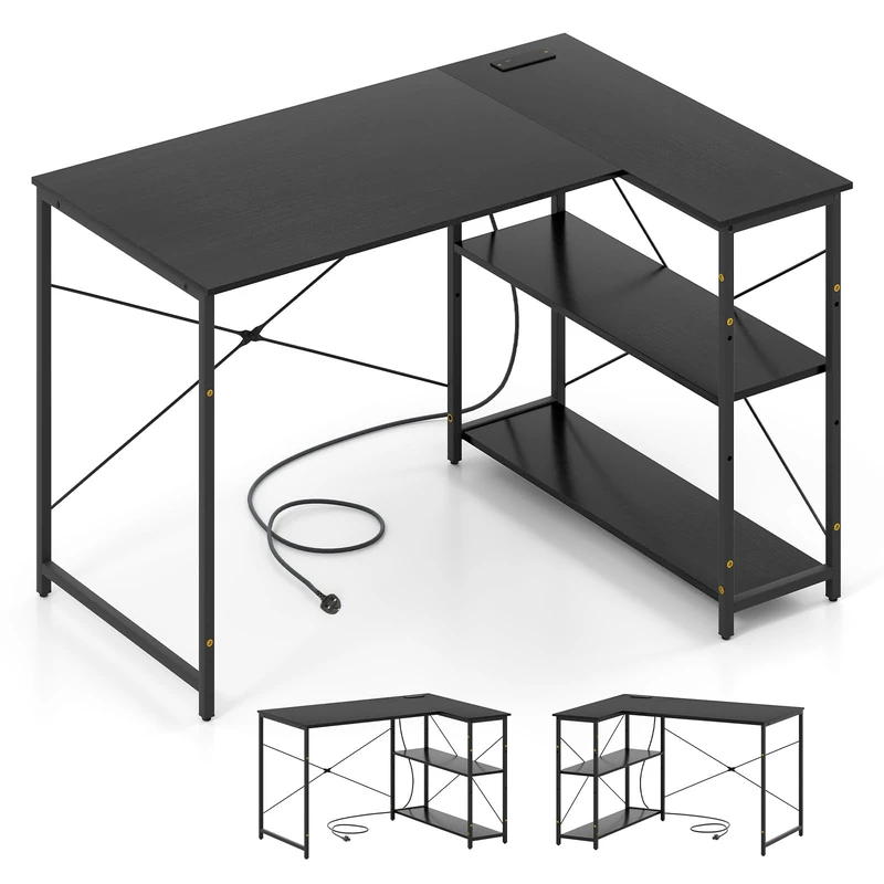 SFAREST Corner Computer Desk, L-Shaped Study Work Writing Table with Reversible Adjustable Storage Shelves, Large Gaming Desk for Office Living Room Bedroom (Black)