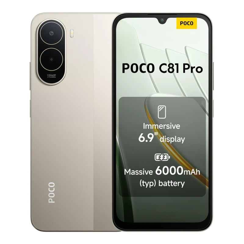POCO C81 Pro Smartphone 4+128 GB, Massive 6000mAh Battery,120Hz High Refresh Rate, Immersive 6.9" Display, Sleek and Refined Design Telephone, 13MP AI Dual Camera, Gold, 1 year extra warranty