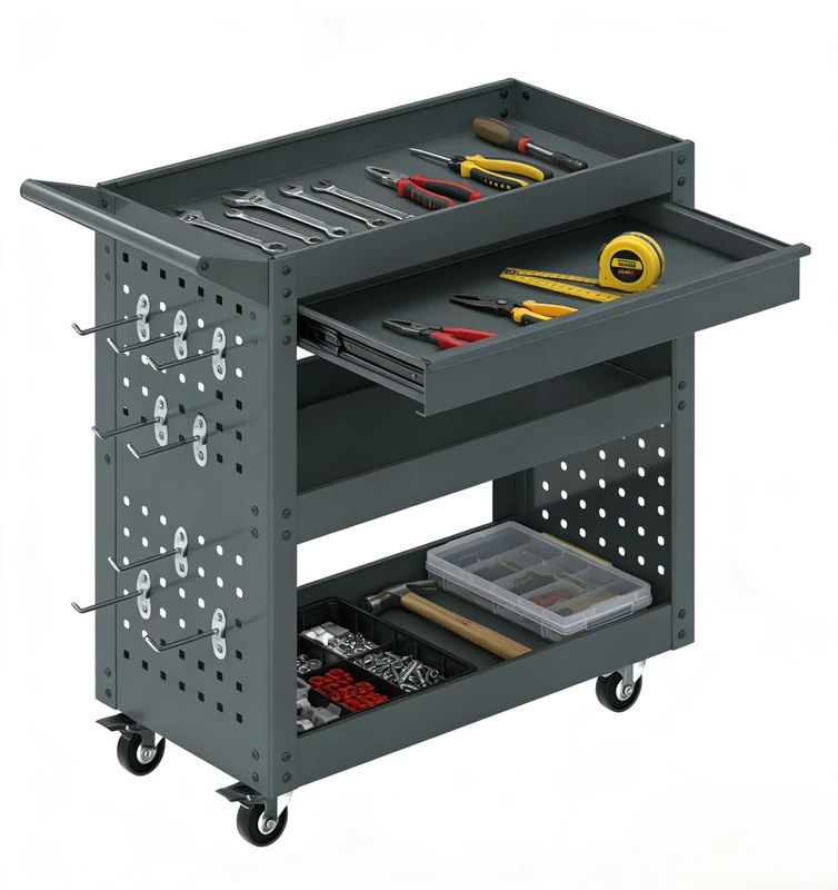 HOMFME 3 Tier Metal Tool Trolley, Heavy-Duty Rolling Cart with Drawer