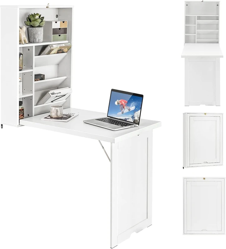 FANTASK Wall Folding Table with Storage Space, Folding Wall Table Space Saving with Storage Compartments, Wall Desk & Dining Table for Dining Room, Living Room & Kitchen - Image 1
