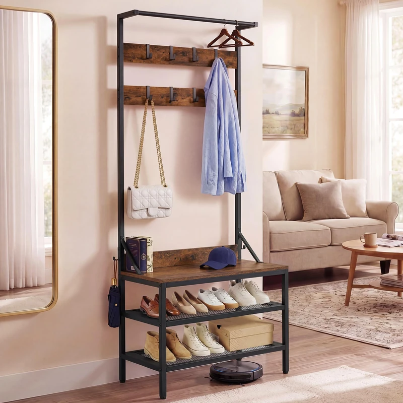 YITAHOME Coat Rack Stand with Shoe Storage, Freestanding Hallway Unit with 2 Shelves, Industrial Coat Stand with 9 Hooks for Hallway Living Room Bedroom, Metal Frame, Yellow