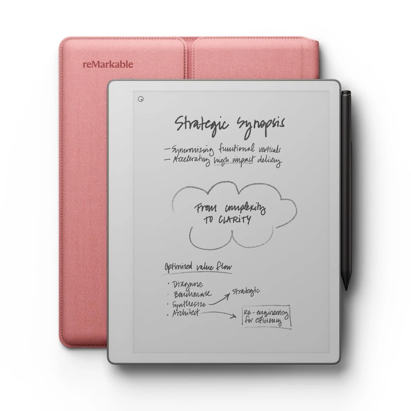 reMarkable Paper Pure bundle – 10.3” paper tablet with black-and-white display – Digital notebook better writing and reading. Includes Desert Pink Sleeve Folio and Marker Plus with built-in eraser