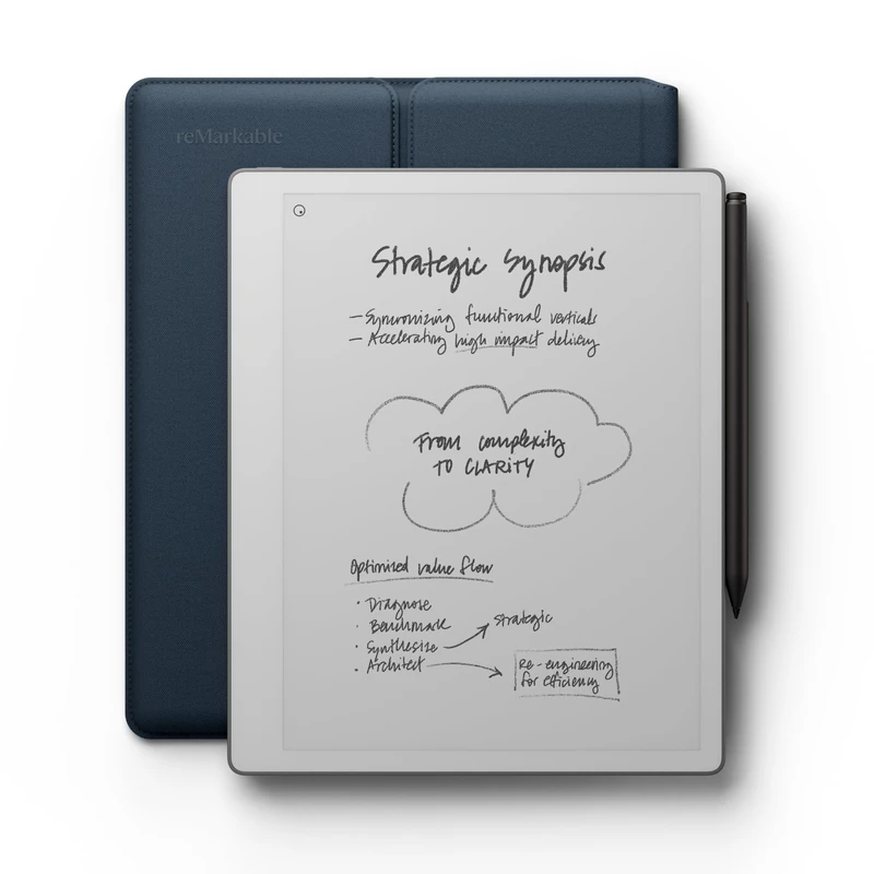 reMarkable Paper Pure bundle – 10.3” paper tablet with black-and-white display – Digital notebook for better writing and reading. Includes Ocean Blue Sleeve Folio and Marker Plus with built-in eraser