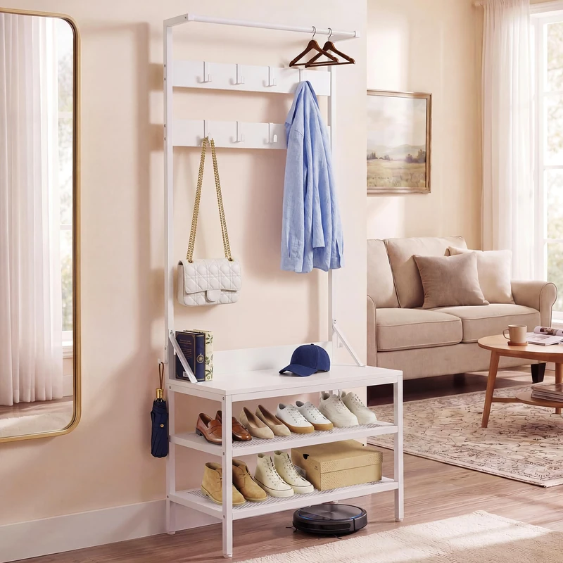 YITAHOME Coat Rack Stand with Shoe Storage, Freestanding Hallway Unit with 2 Shelves, Industrial Coat Stand with 9 Hooks for Hallway Living Room Bedroom, Metal Frame, White