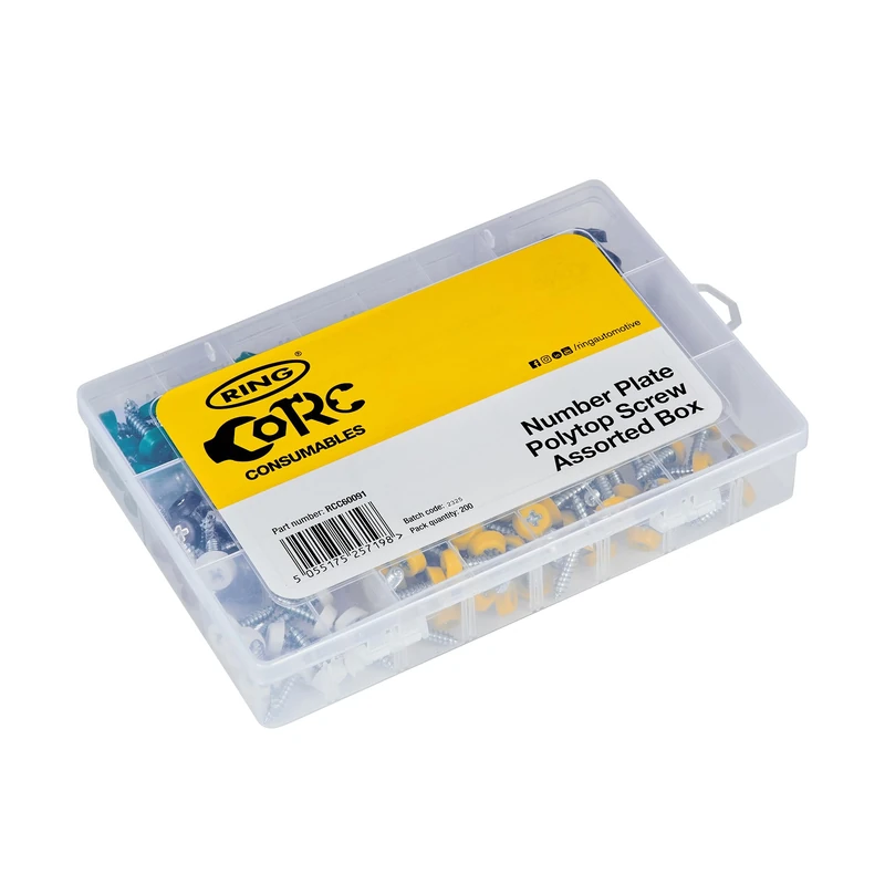 RING Self-Tappers With Plastic Head, Assorted Box (200 Pcs) Screw Size: 10 x 3/4' (4.8 x 18 mm) Cap Colour: (50x) Yellow White Black Green, Supplied in a Plastic Organised Box