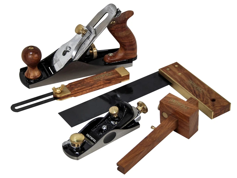 Faithfull 5 Piece Carpenters Plane & Tool Set - FSC® Wood - No.4 Smoothing Plane, Block Plane, Try Square, Sliding Bevel & Marking Gauge for Measuring, Marking, Trimming & Finishing Woodwork