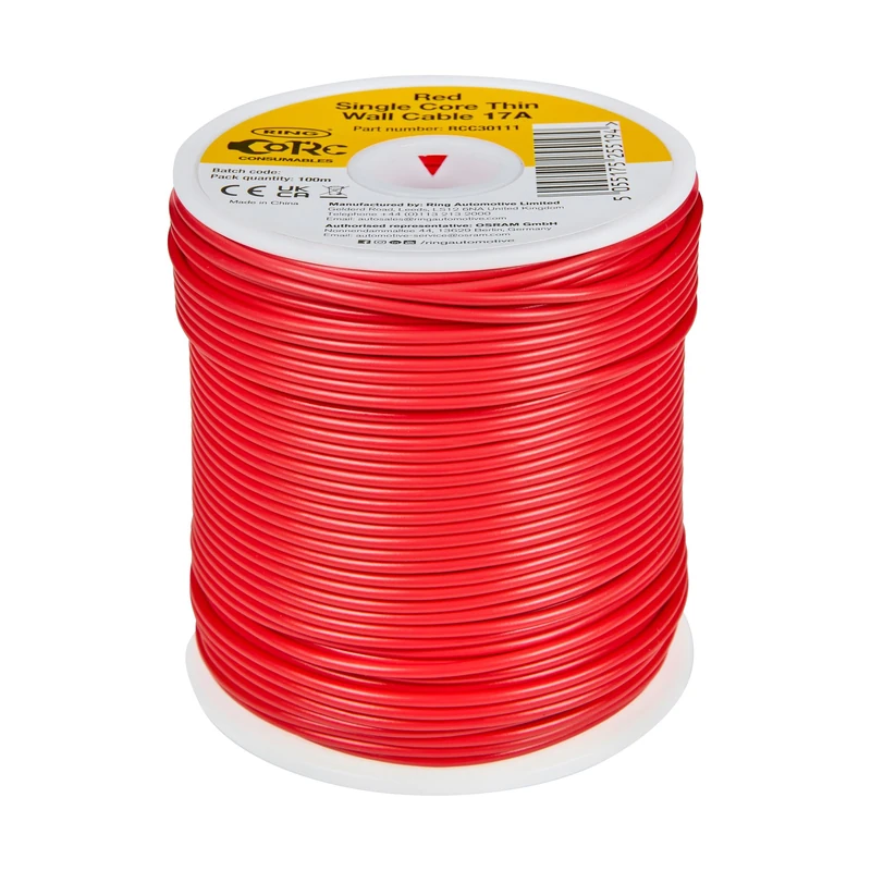 RING Thin Wall Cable, 17A (Red) Single Core Auto Cable; Colour: Size: 32/0.20 mm Conductor Area 1.0 mm2, 16.5A, Iso 6722 : 2011 (Class B)