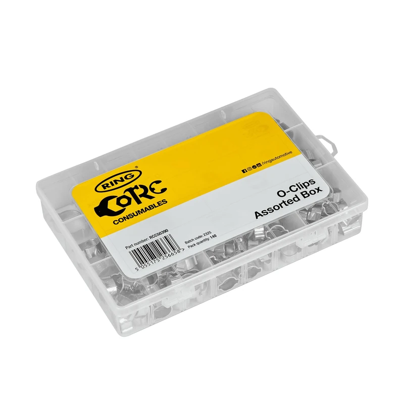 RING 2-Ear Clamps, Assorted Box (140 Pcs) Zinc Plated Mild Steel 6 x Sizes (Diameter Range): 3/8', 7/16', 1/2', 9/16', 5/8', 3/4', Supplied in a Plastic Organised Box