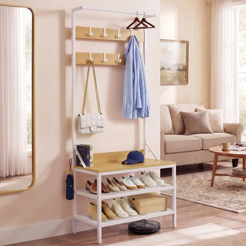 YITAHOME Coat Rack Stand with Shoe Storage, Freestanding Hallway Unit with 2 Shelves, Industrial Coat Stand with 9 Hooks for Hallway Living Room Bedroom, Metal Frame, Yellow