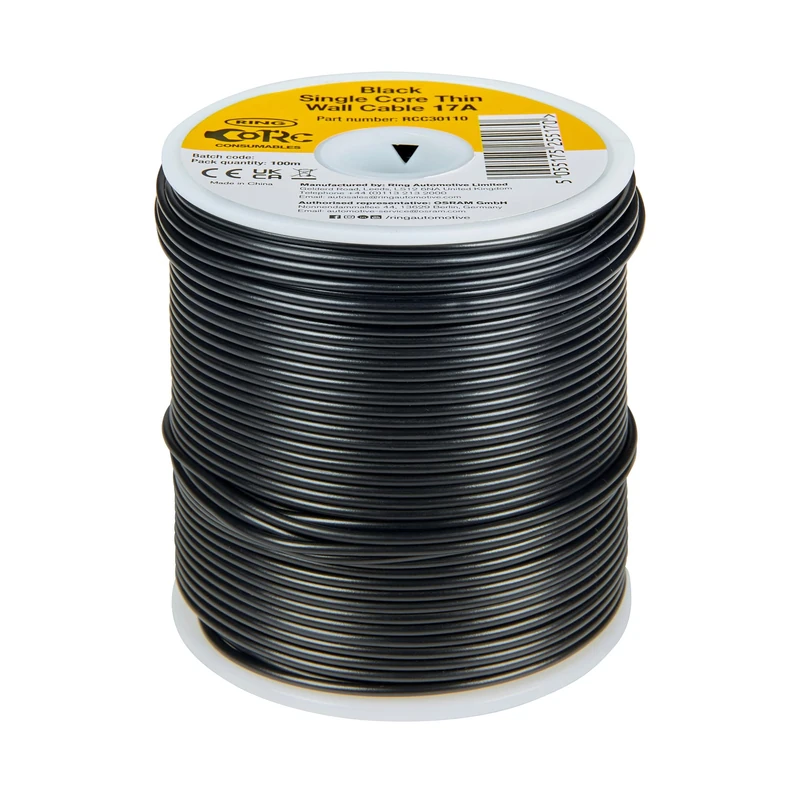 RING Thin Wall Cable, 17A (Black) Single Core Auto Cable; Size: 32/0.20 mm Conductor Area 1.0 mm2, 16.5A, Iso 6722 : 2011 (Class B)