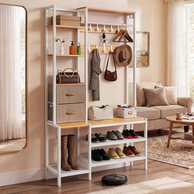 YITAHOME Coat Rack Stand with Shoe Storage, Freestanding Hallway Unit with 2 Shelves, Industrial Coat Stand with 9 Hooks for Hallway Living Room Bedroom, Metal Frame, Yellow