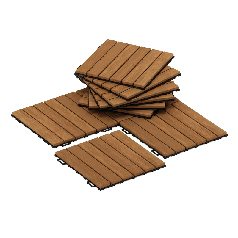 Furinno TIOMAN Hardwood Interlocking Deck Tiles, Outdoor Waterproof Decking Wood Tiles, 10PCS/CTN, for Balcony, Garden, Patio, Light Wood - Image 1