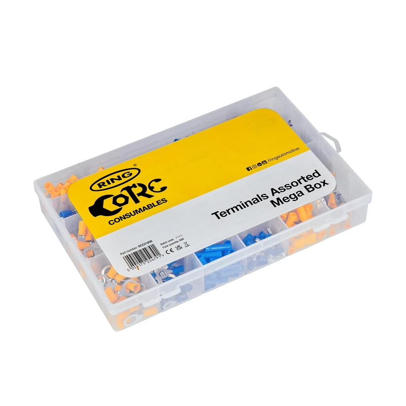 RING Insulated Terminals, Assorted Box (600 Pcs) Of Red Blue & Yellow Terminals Includes Push-On Bullet Butt Terminals, Cable Size 4.0 mmâ² - 6.0 mmâ², Supplied in a Plastic Organised Box