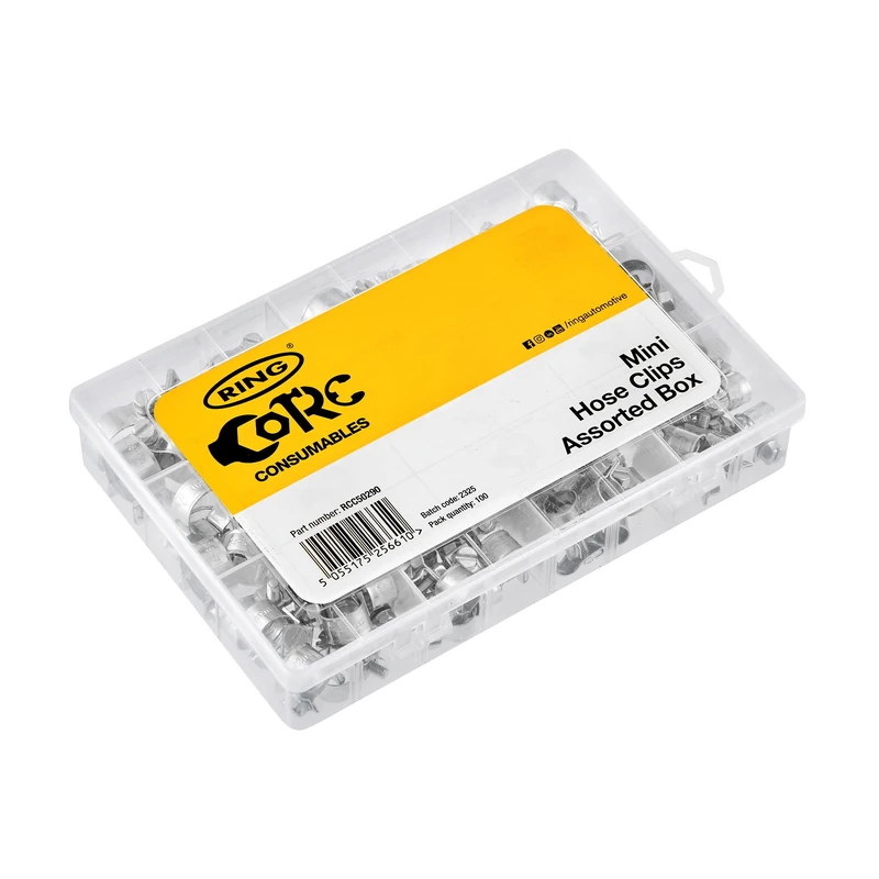 RING Hose Clips, Assorted Box (100 Pcs) Zinc Plated Mild Steel 10 x Sizes, Supplied in a Plastic Organised Box