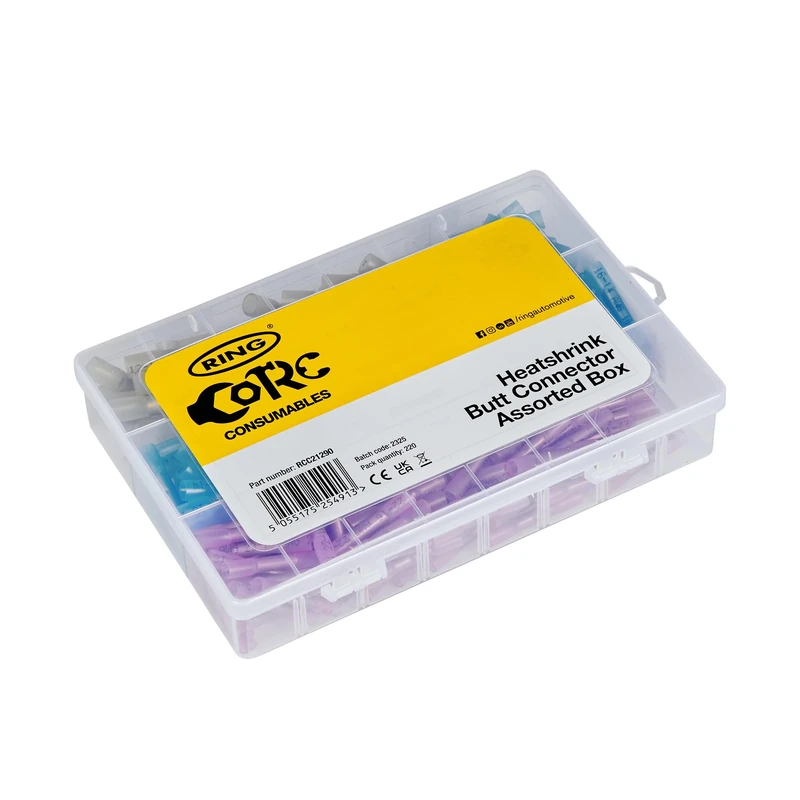 RING Butt Connector, Assorted Box (220 Pcs) Assorted Heat Shrink Butt Connectors For Cable Sizes 0.5 mmâ² - 6.0 mmâ², Material : Polyolefin Shrink Ratio: 2:1, Supplied in a Plastic Organised Box