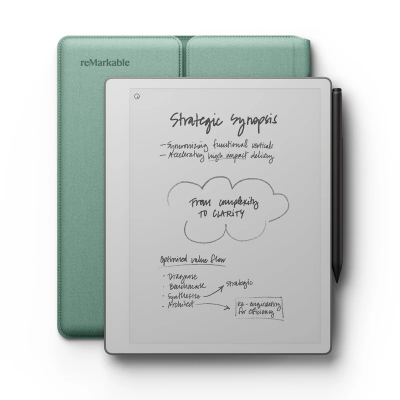 reMarkable Paper Pure bundle – 10.3” paper tablet with black-and-white display – Digital notebook for better writing and reading. Includes Mist Green Sleeve Folio and Marker Plus with built-in eraser