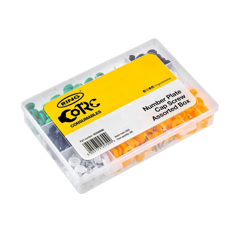 RING Self-Tappers With Hinged Caps, Assorted Box (200 Pcs) Self Tappers Size: 8 x 3/4' (4.2 x 19 mm) Pan Head - Pozi, Flip Cap Colour: (50x) Yellow White Black Green, Supplied in a Plastic Box