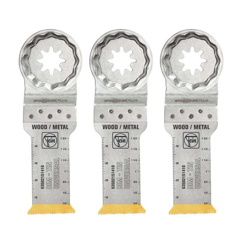 FEIN LongLife E-Cut Long Life Bi-Metal Blade Deep Cut Pack of 3 x Width 28 mm Length 60 mm StarlockPlus Titanium Coated Bi-Metal Blade - Image 1