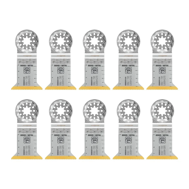FEIN LongLife Long Life E-Cut Bi-Metal Blade Deep Cut Pack of 10 x Width 50 mm Length 50 mm Starlock Attachment Titanium Coated Bi-Metal Blade - Image 1
