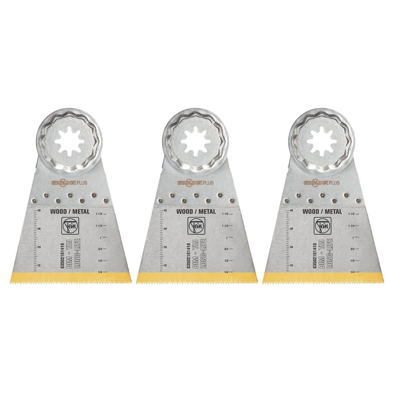 FEIN LongLife Long Life E-Cut Bi-Metal Blade Deep Cut Pack of 3 65 mm Length 50 mm StarlockPlus Titanium Coated Bi-Metal Blade - Image 1
