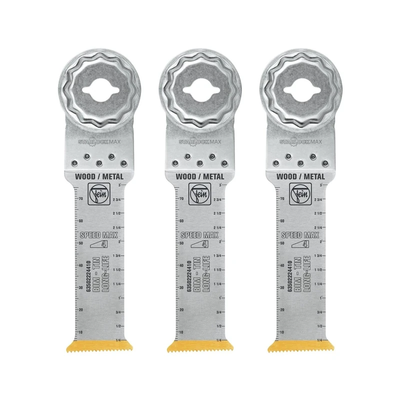 FEIN LongLife E-Cut Long Life Bi-Metal Blade Deep Cut Pack of 3 x Width 32 mm Length 90 mm StarlockMax Attachment Titanium Coated Bi-Metal Blade - Image 1