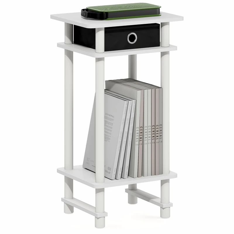 Furinno TURN-N-TUBE Side Table, 3-Tier Tall Narrow Modern End Table with Storage Bin, Open Shelf Night Stand, Bedside Table, Toolless Assembly, for Living Room, Bedroom, White