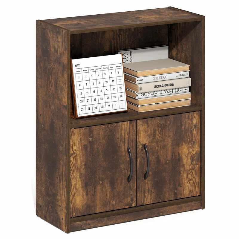 Furinno GRUEN Book Shelf, 2-Tier Small Bookshelf, Bookcase with Open Shelf and Doors Storage Cabinet, 23.6 x 55.4 x 68.6 cm, for Living Room, Bedroom, Home Office, Amber Pine