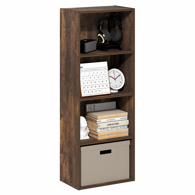 Furinno LUDER Book Shelf, 4-Tier Bookshelf, Bookcase with Open Shelf, 23.6 x 39.6 x 105.9 cm, for Corner, Living Room, Bedroom, Home Office, Amber Pine