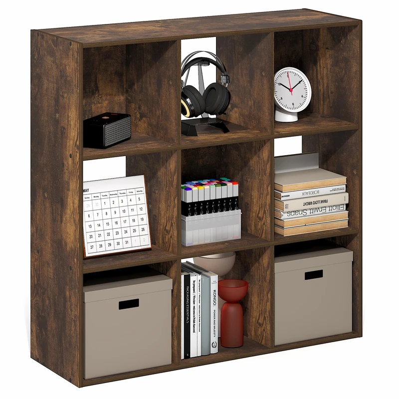 Furinno PELLI Book Shelf, 9-Cube Bookshelf, 3x3 Cube Storage Organizer Bookcase, 29.7 x 89.7 x 89.9 cm, for Organization and Storage, for Living Room, Bedroom, Home Office, Amber Pine
