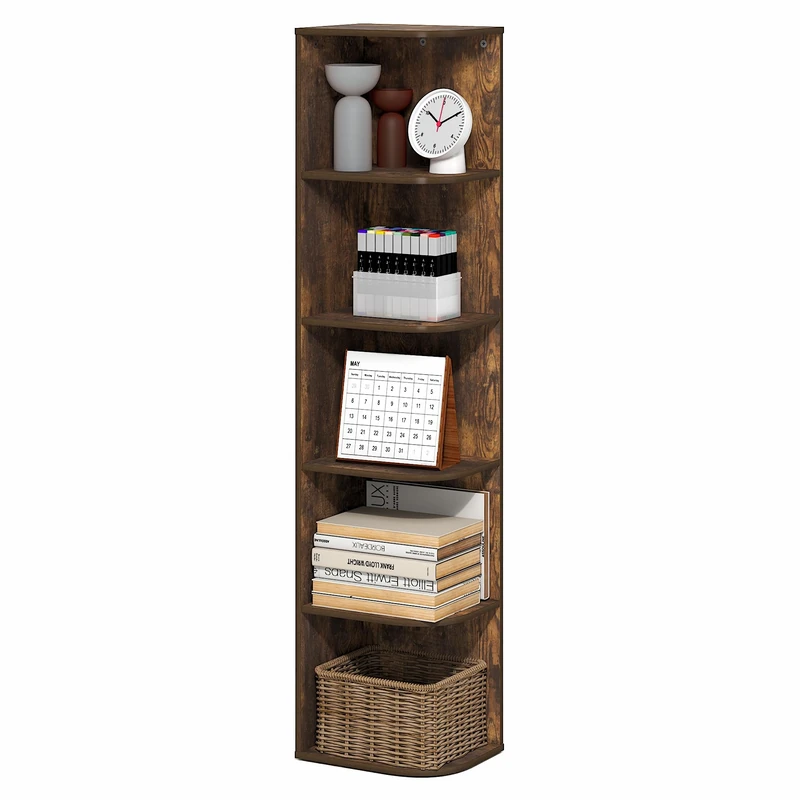 Furinno PASIR Book Shelf, 5-Tier Corner Bookshelf with Open Shelf, Standing Bookcase, 23.6 x 30.5 x 131.3 cm, for Organization and Storage, for Living Room, Bedroom, Home Office, Amber Pine