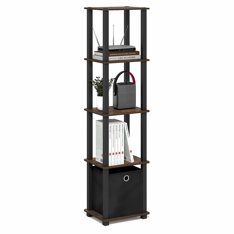 Furinno TURN-N-TUBE Book Shelf, 5-Tier Square Open Frame Display Shelf, Corner Storage Shelves with Storage Bin, Shelving Unit, for Organization, Living Room, Garage, Home Office, Amber Pine