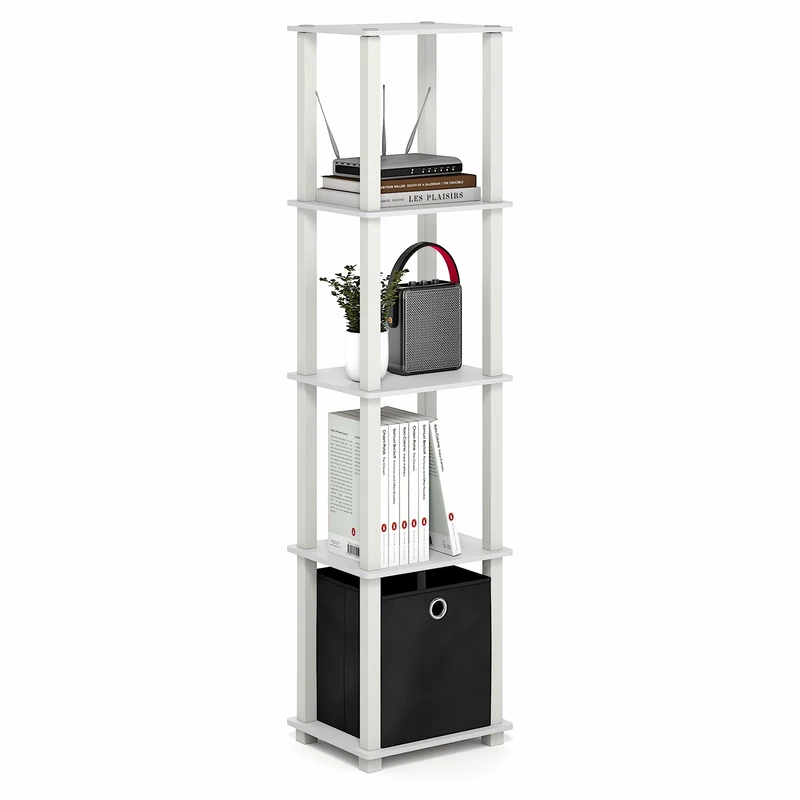 Furinno TURN-N-TUBE Book Shelf, 5-Tier Square Open Frame Display Shelf, Corner Storage Shelves with Storage Bin, Shelving Unit, for Organization, Living Room, Garage, Home Office, White