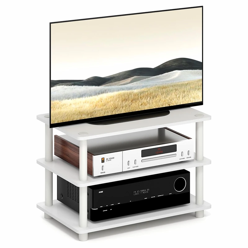 Furinno TURN-N-TUBE TV Stand, 3-Tier Corner Entertainment Center with Open Shelves, Toolless TV Console for TV up to 32 Inch, Open Back, Easy Assembly, for Living Room, Bedroom, White
