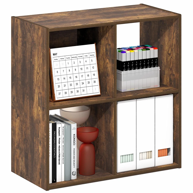 Furinno PELLI Book Shelf, 4 Cube Bookshelf with Open Back & Closed Back Cubes, 2 x 2 Storage Organizer Cabinet, 29.5 x 61.5 x 61.5 cm, for Living Room, Bedroom, Home Office, Amber Pine