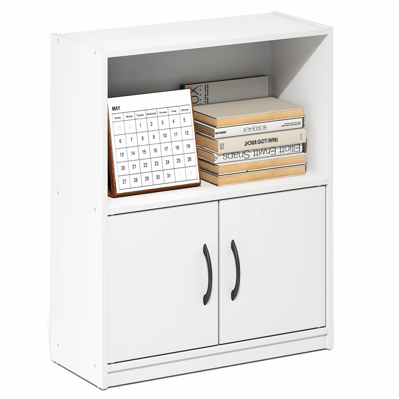 Furinno GRUEN Book Shelf, 2-Tier Small Bookshelf, Bookcase with Open Shelf and Doors Storage Cabinet, 23.6 x 55.4 x 68.6 cm, for Organization and Storage, for Living Room, Bedroom, Home Office, White