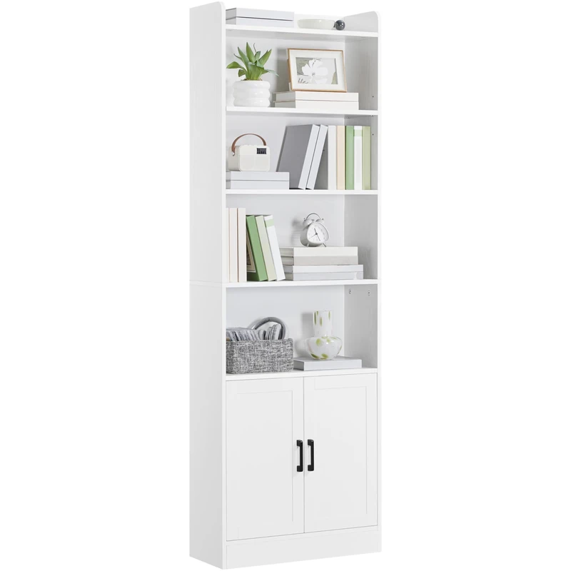 Yaheetech 7-Tier Bookcase with 2-Door Cabinet, Bookshelf with Top Open Shelf, Freestanding Display Storage Rack for Living Room, Bedroom, Home Office, 60x24x183 cm, White