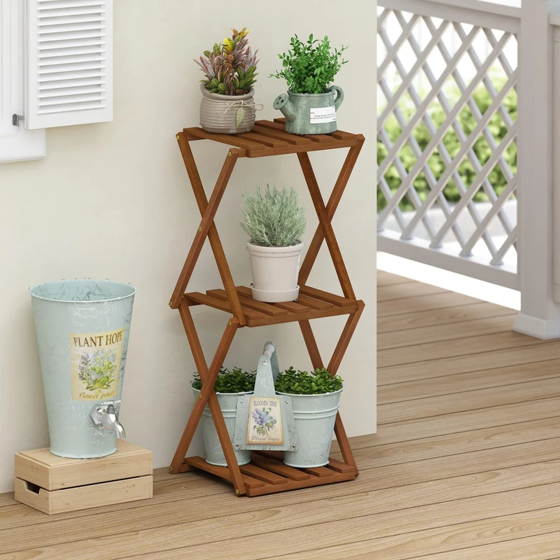 Furinno TIOMAN Patio Table, 3-Tier Outdoor Side Table, Toolless Multipurpose Folding Display Shelf, Plant Stand, for Patio, Garden, Porch, Light Wood