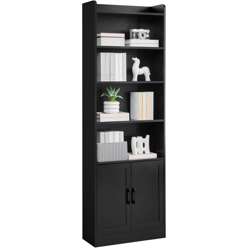 Yaheetech 7-Tier Bookcase with 2-Door Cabinet, Bookshelf with Top Open Shelf, Freestanding Display Storage Rack for Living Room, Bedroom, Home Office, 60x24x183 cm, Black