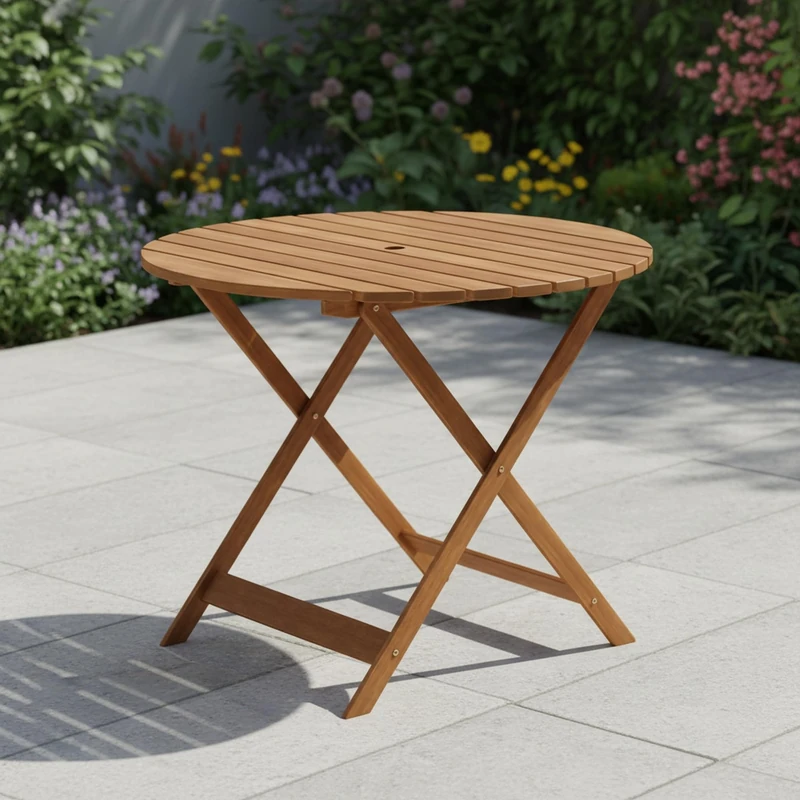 Furinno TIOMAN Patio Table, Nation Round Outdoor Side Table, Dining Table, Coffee Table with Umbrella Hole, for Patio, Garden, Porch, Light Wood
