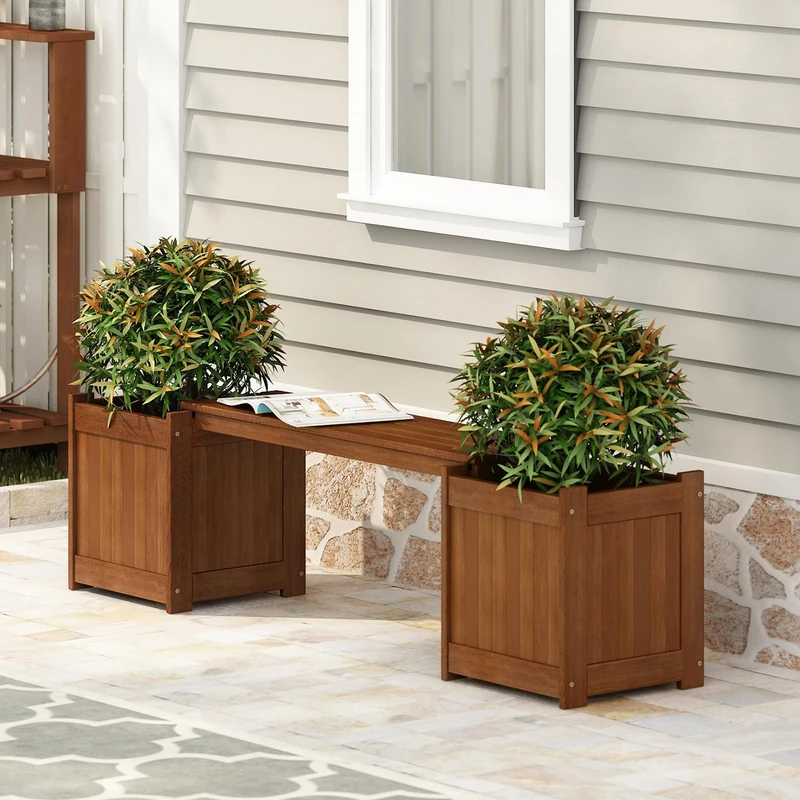 Furinno TIOMAN Planter Box with Bench, Hardwood Flower Box with Seat, Cube Garden Box, in Teak Oil, Outdoor Indoor, Garden, Patio, Balcony, Light Wood - Image 1