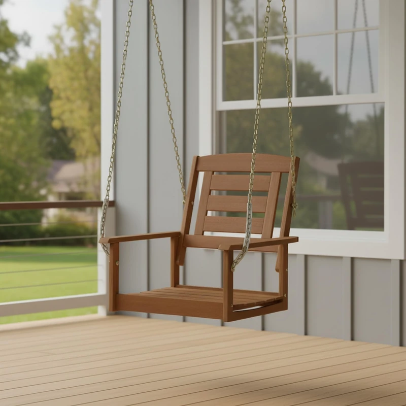Furinno TIOMAN Porch Swing, Outdoor Single Hanging Wooden Swing with Chain, for Patio, Garden, Porch, Light Wood