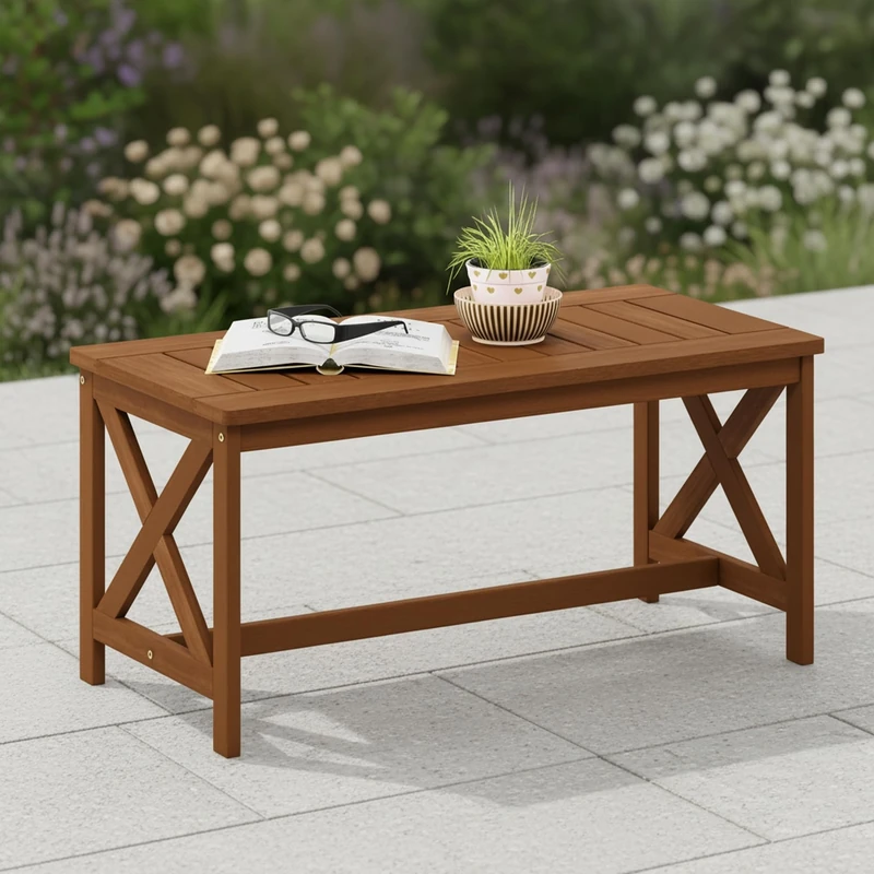Furinno TIOMAN Patio Table, Outdoor Side Table, Coffee Table with X Leg in Teak Oil, for Patio, Garden, Porch, Light Wood