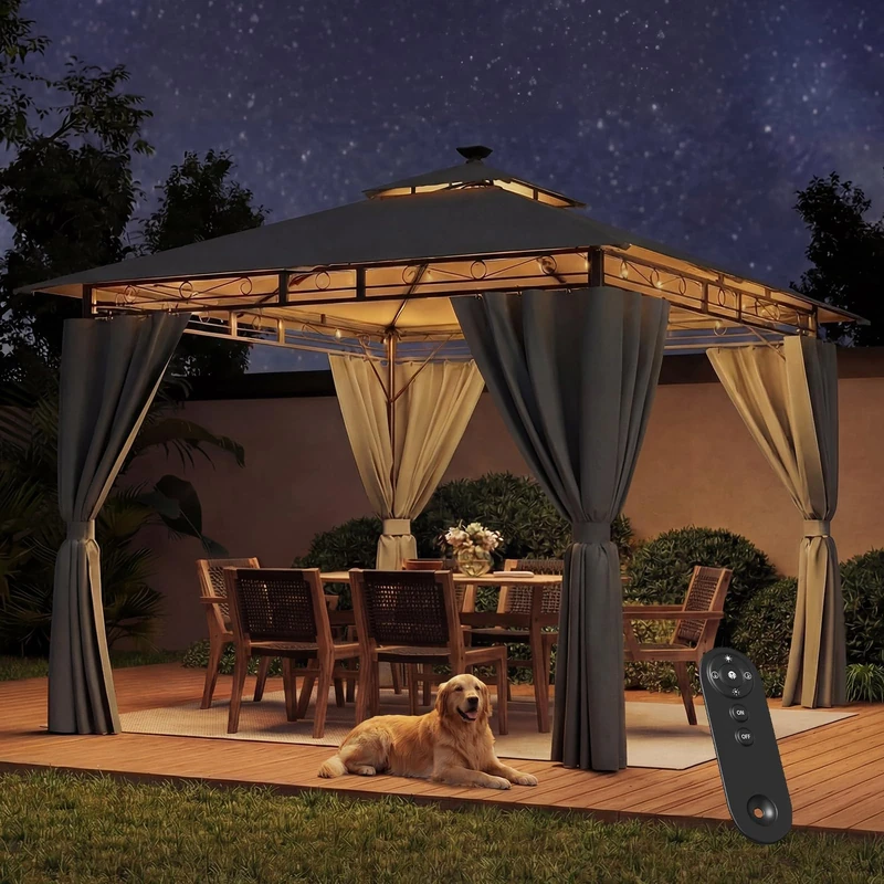 JUMMICO Heavy Duty Gazebo 3x3m with Sides & Lights, Steel Frame, Waterproof & UV50+ Canopy, Windproof Pergola for Garden, Patio, Party – Grey