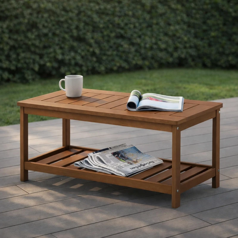 Furinno TIOMAN Patio Table, Outdoor Side Table, Coffee Table with Shelf in Teak Oil, for Patio, Garden, Porch, Light Wood