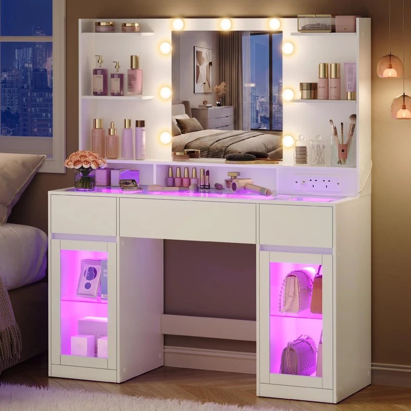 VASAGLE KAILYN Collection - Dressing Table with LED Lights, Power Outlets, Modern Vanity Table with Light Strip, 3 Drawers, 2 Cabinets, Transparent Top, 8 Storage Shelves, Cloud White RDT145WB02 - Image 1