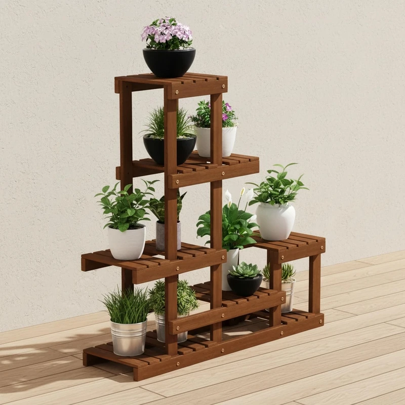 Furinno TIOMAN Plant Stand Outdoor, Multiple Tier Plant Shelf, Tiered Plant Stand Indoor, Outdoor, Patio, Garden, Balcony, Light Wood